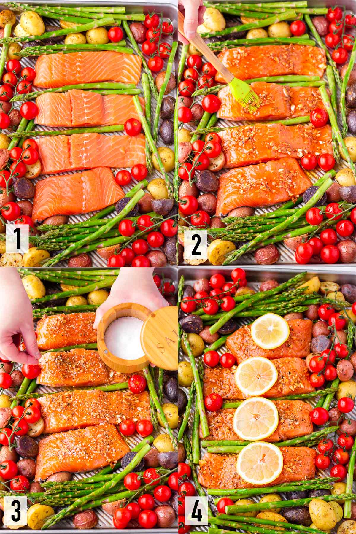 step by step assembling salmon fillets on a sheet pan with veggies