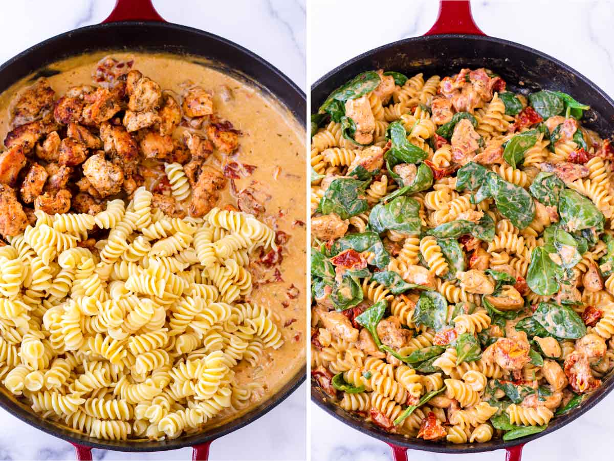 rotini, chicken, and spinach returned to skillet and sauce