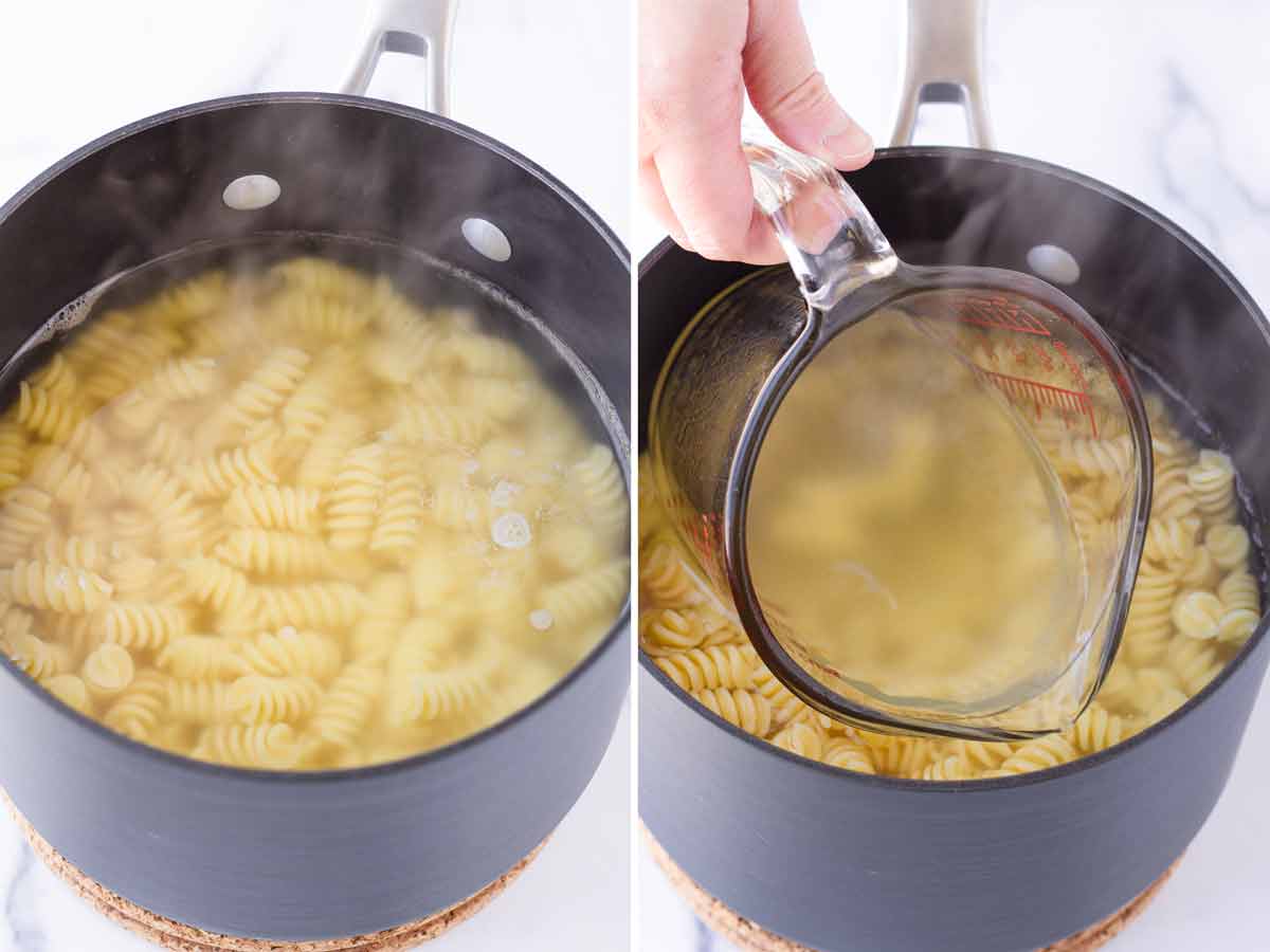 boiling rotini pasta and scooping pasta water from pot