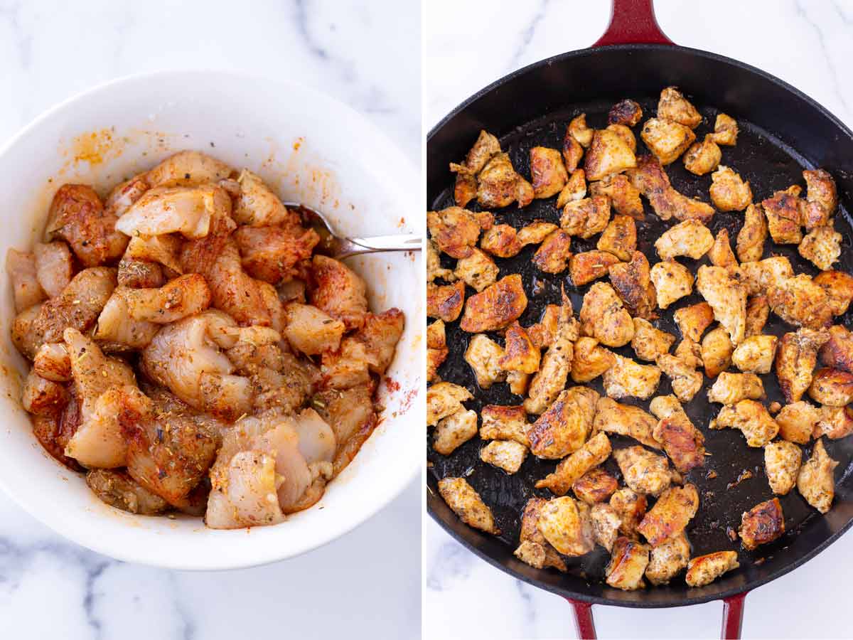 seasoned chicken in bowl and cooked chicken in skillet