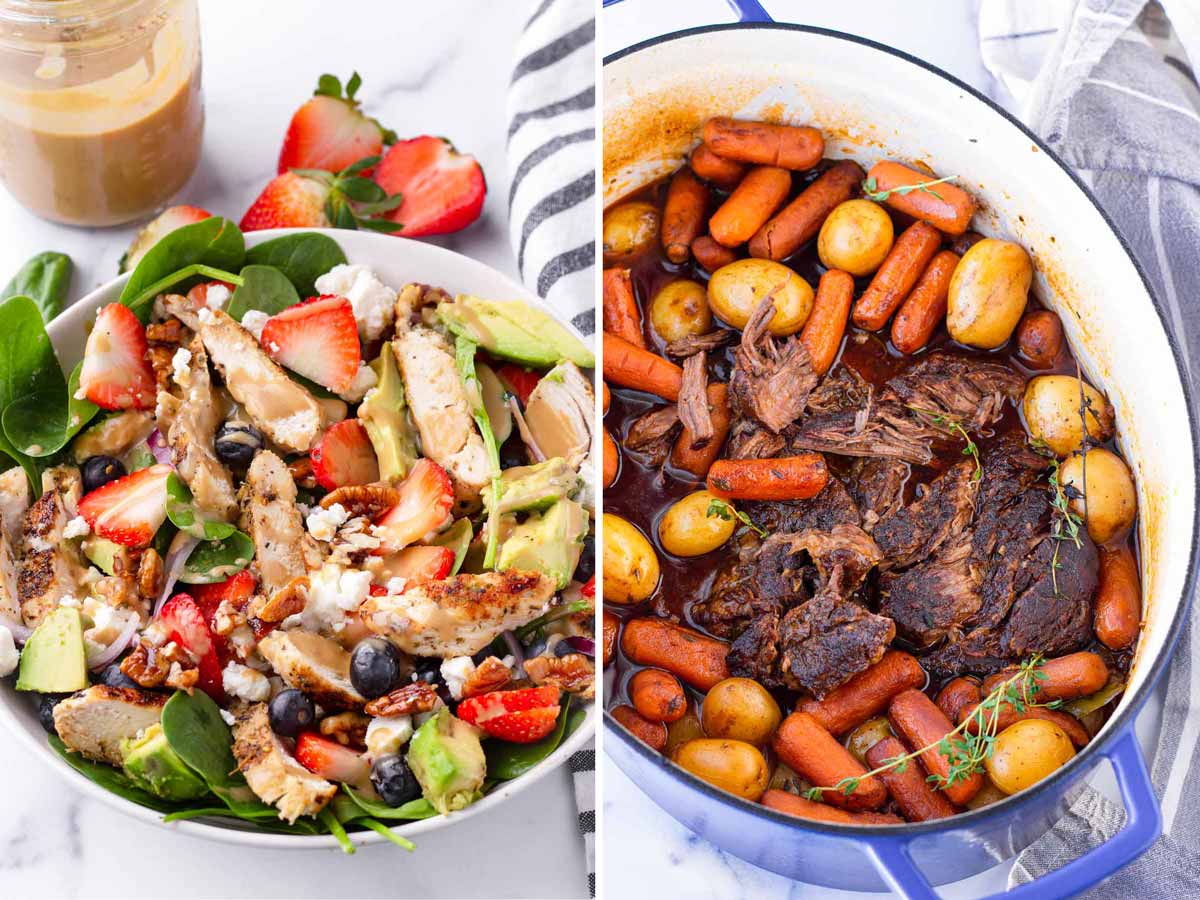 a photo of strawberry chicken salad and pot roast