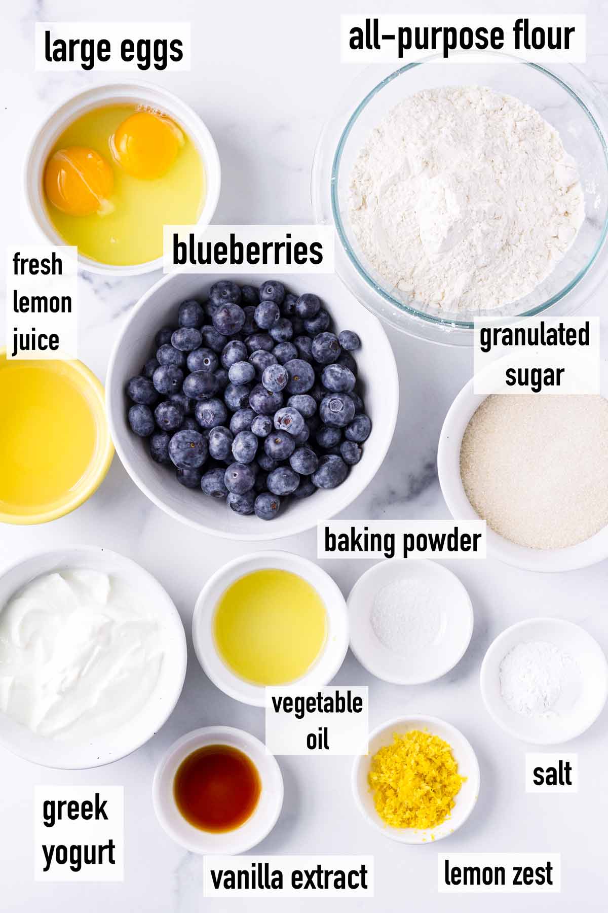 labeled ingredients to make lemon blueberry bread