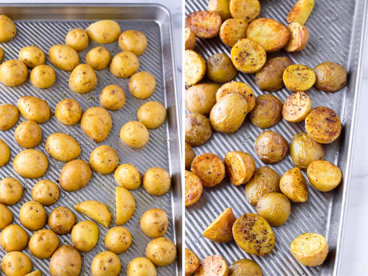 potatoes flat side down on the left and roasted potatoes on the right