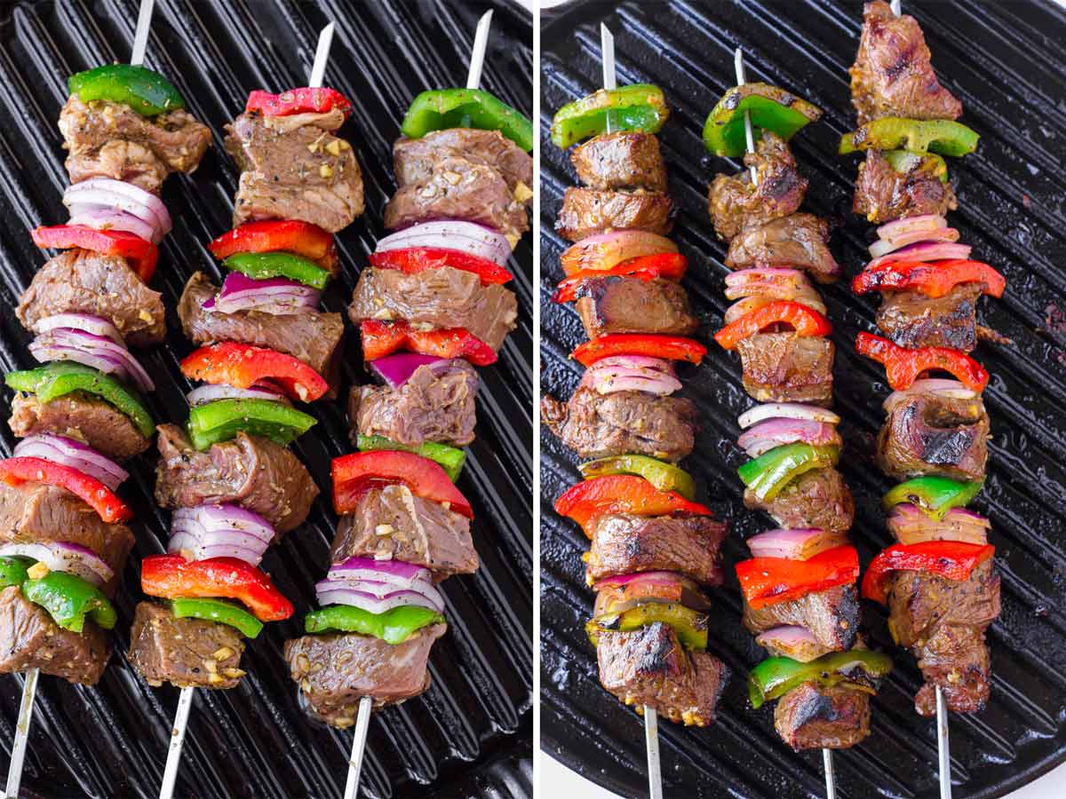 cooking beef kabobs on grill