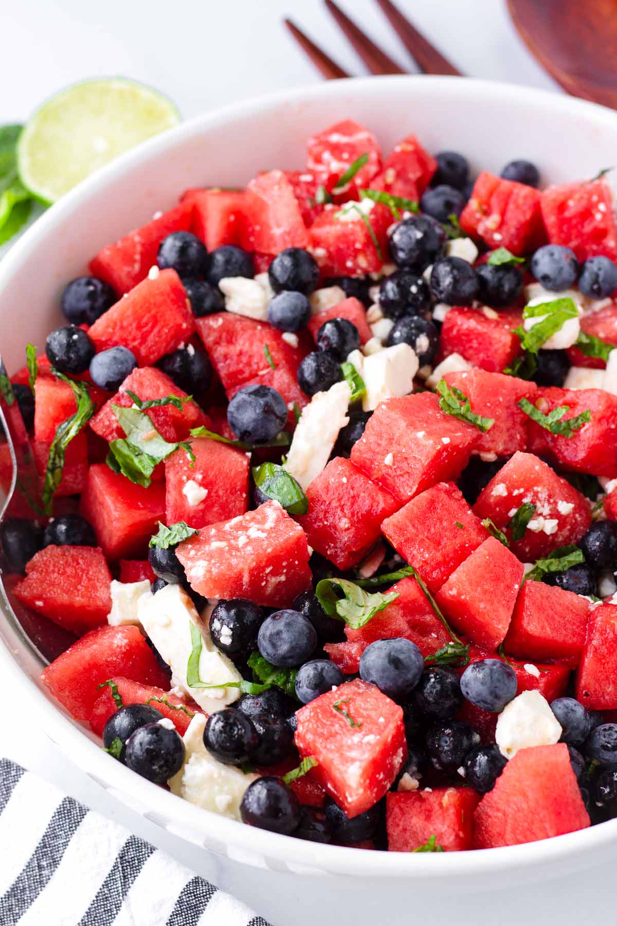 diced watermelons with blueberries and cheese