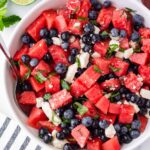 top view of watermelon feta salad with blueberries on bowl