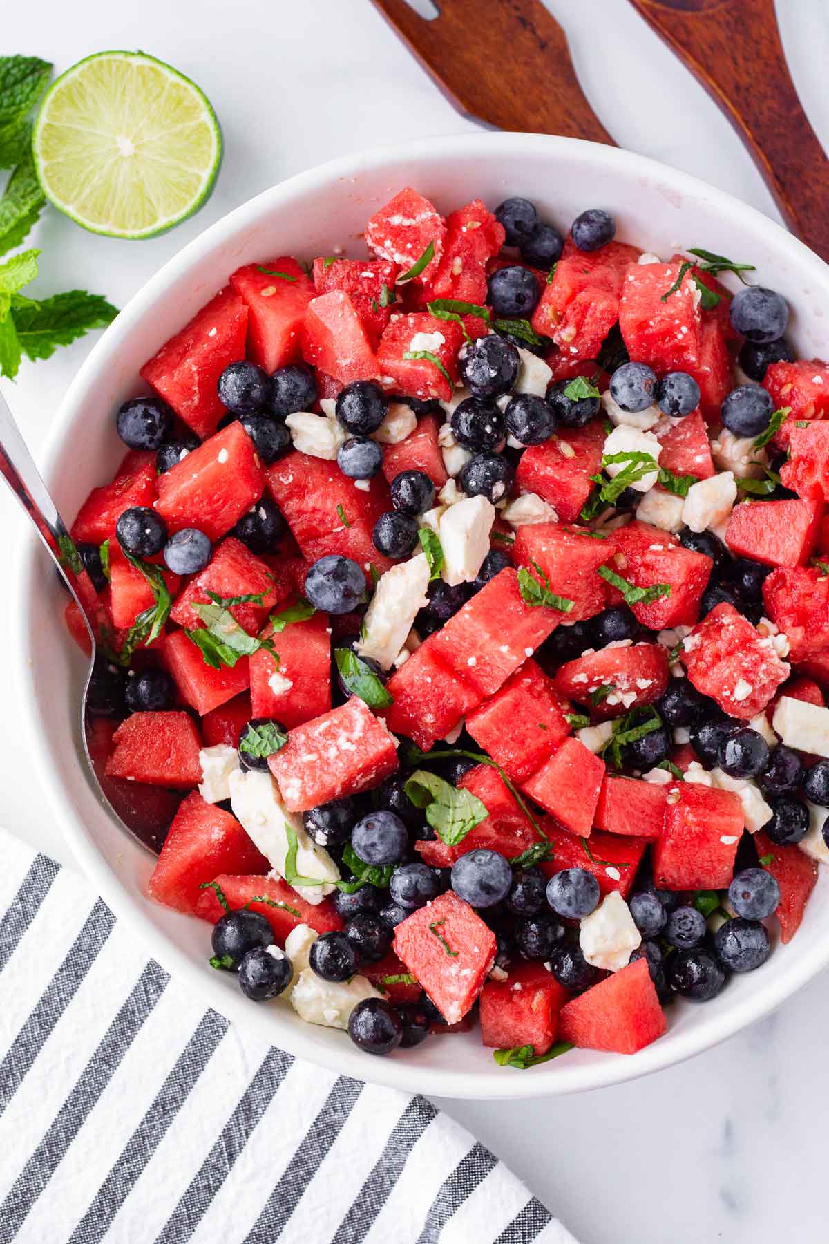 top view of watermelon feta salad with blueberries on bowl
