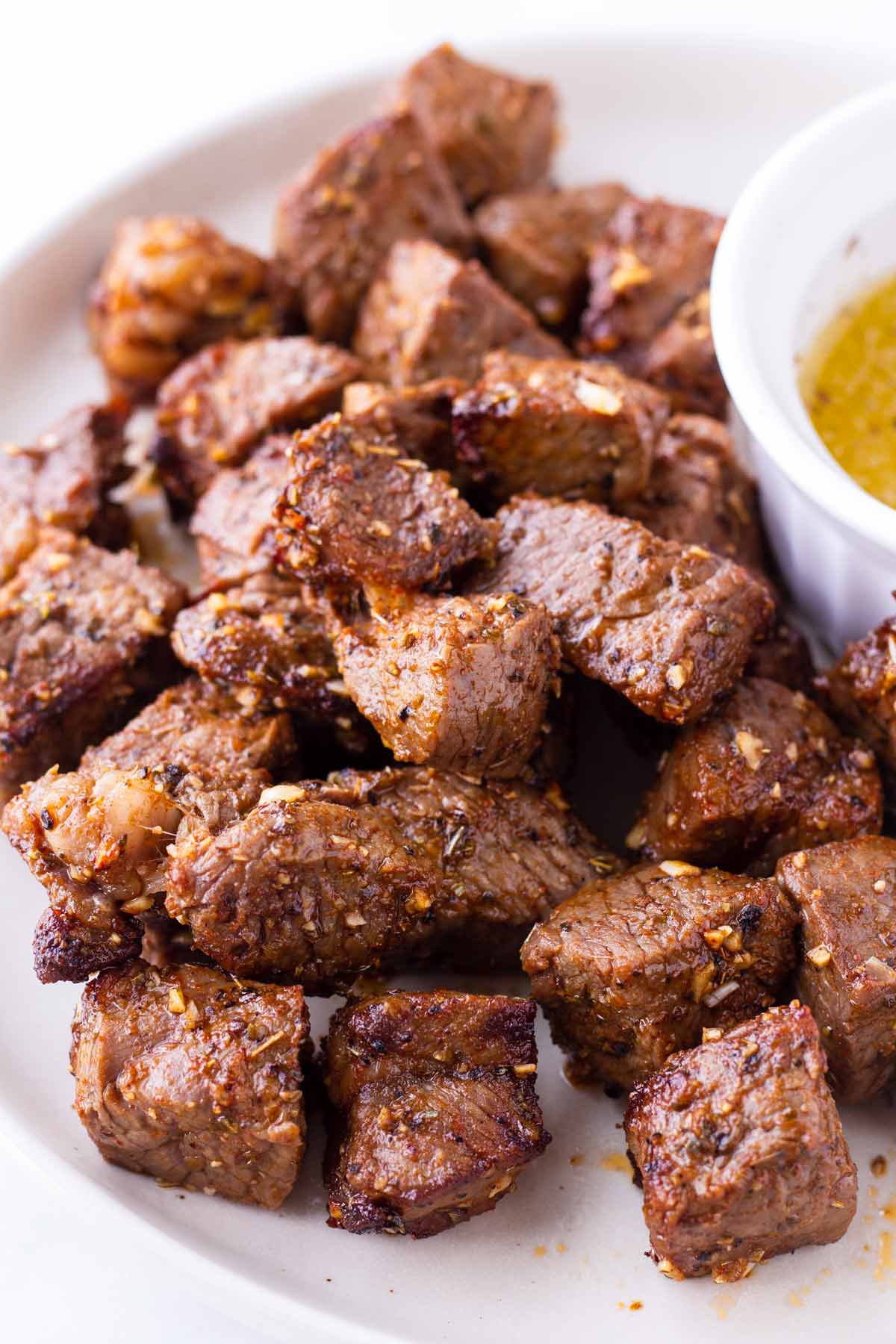 cooked air fryer steak bites on plate