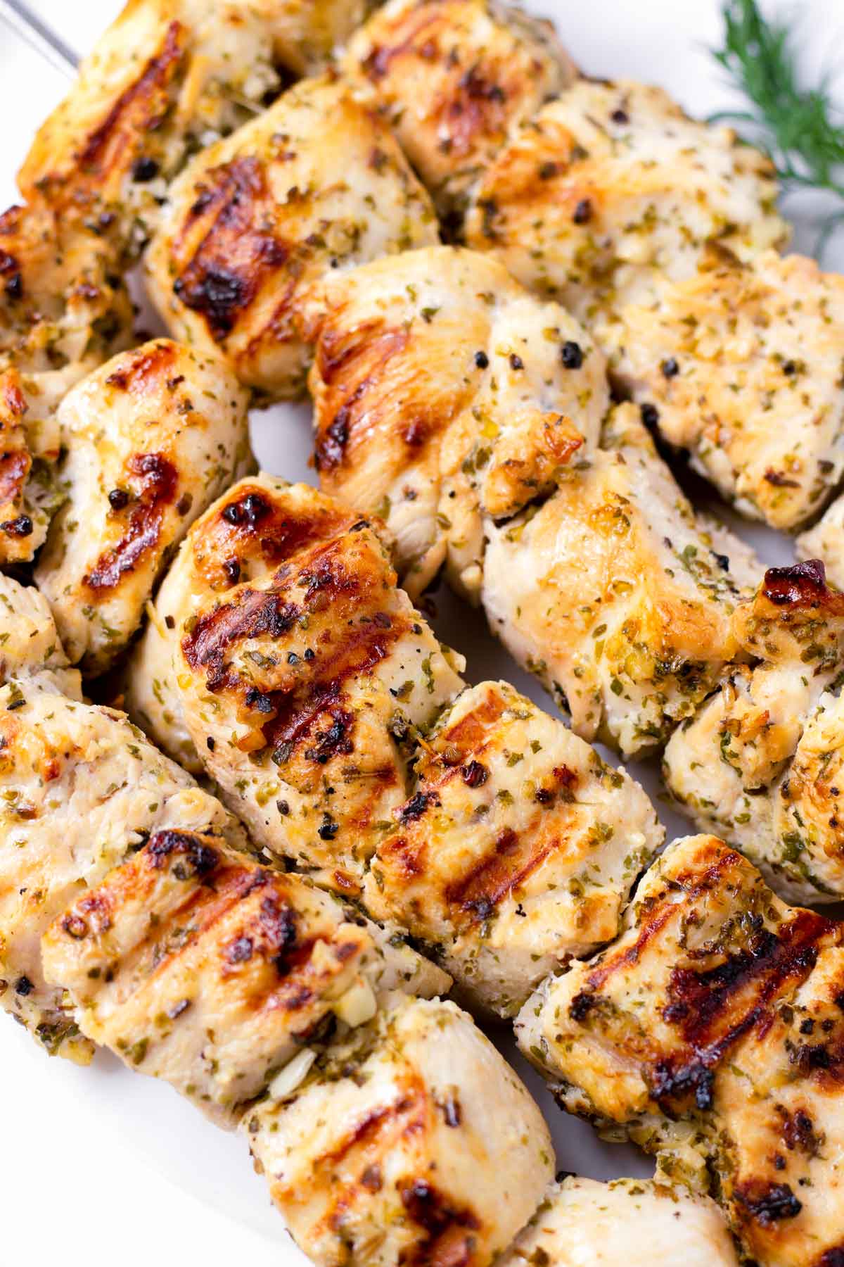 close up of grilled greek chicken kabobs