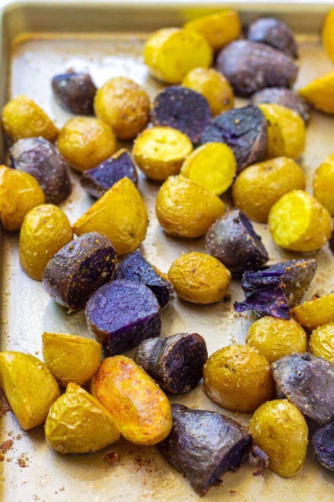 roasted potatoes on a sheet pan