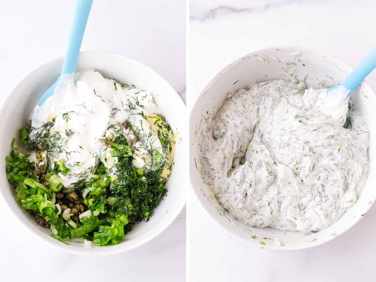 making dressing with yogurt, herbs, and capers