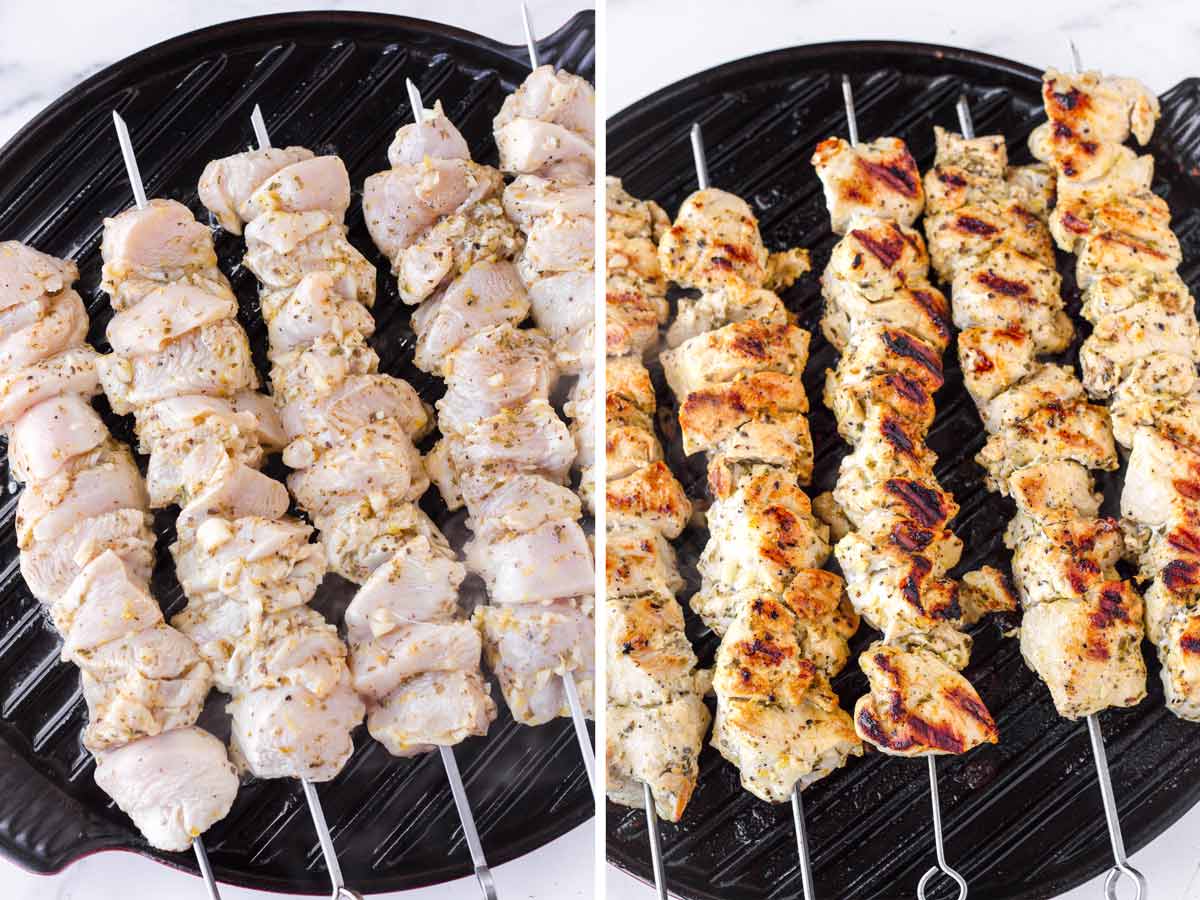 grilling chicken kabobs on a round grill pan