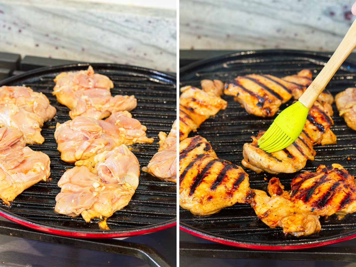 grilling chicken on grill pan and brushing with marinade