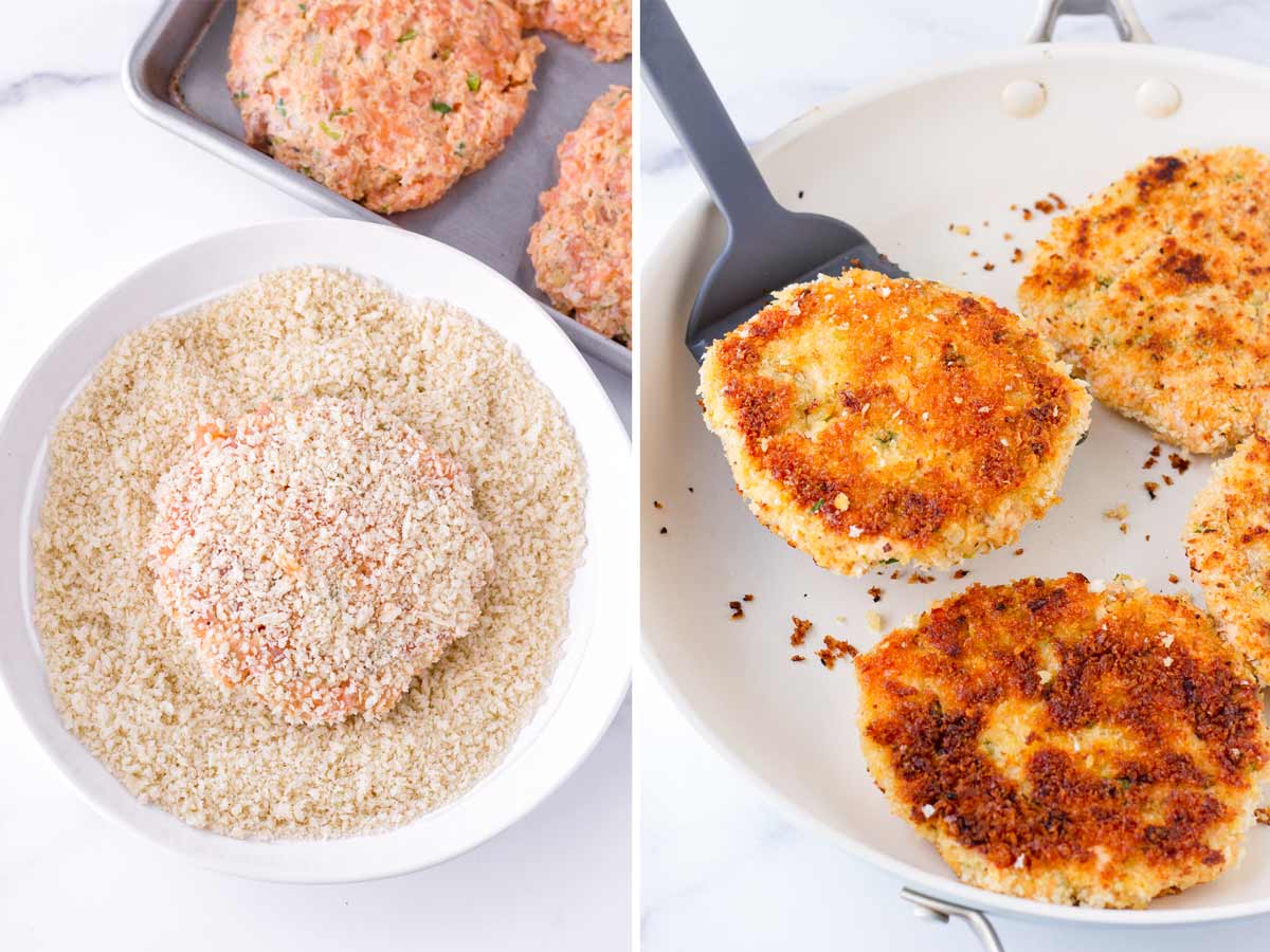 coating patties with panko and cooking them on skillet