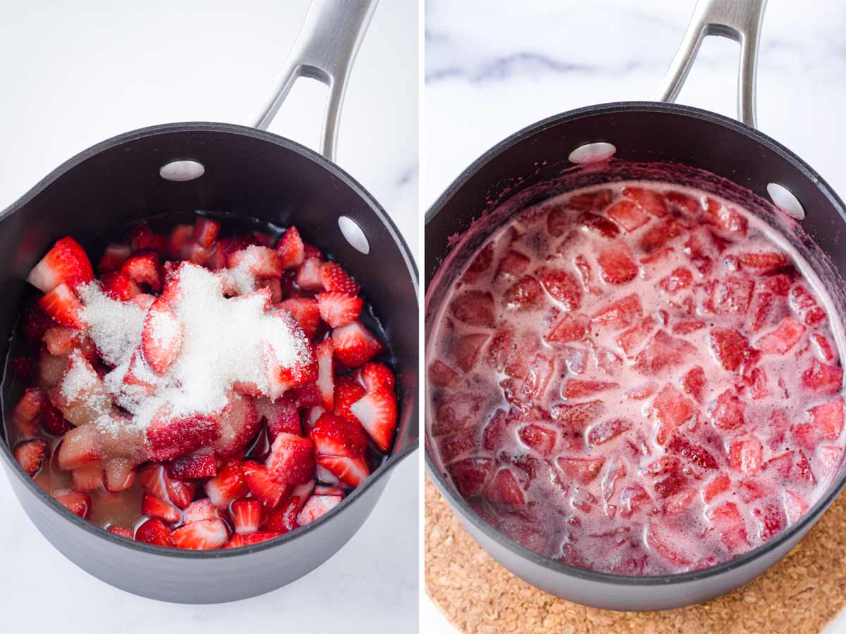 cooking down fresh strawberries with sugar in a pot
