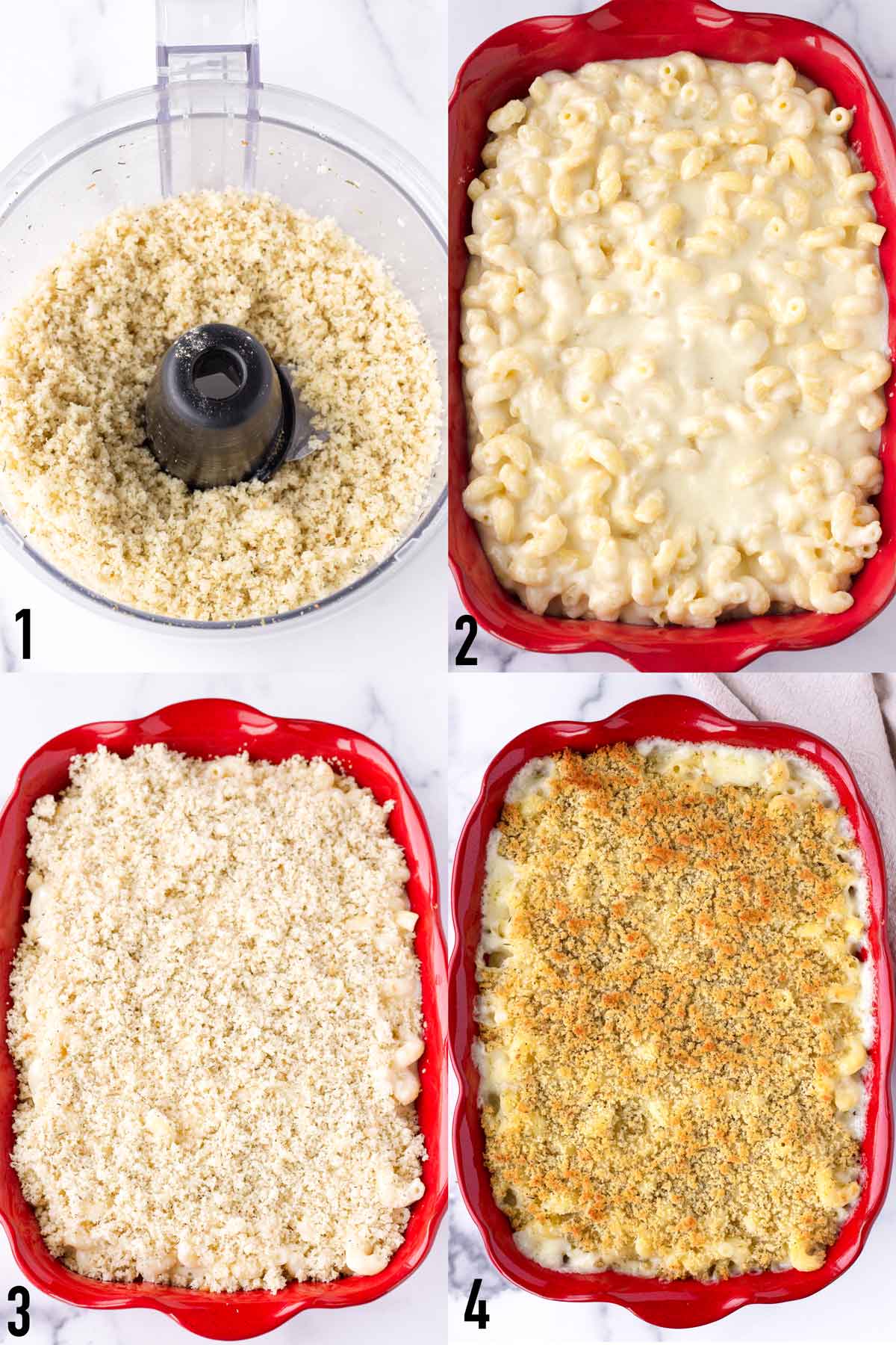 assembling the white cheddar mac and cheese in a baking pan