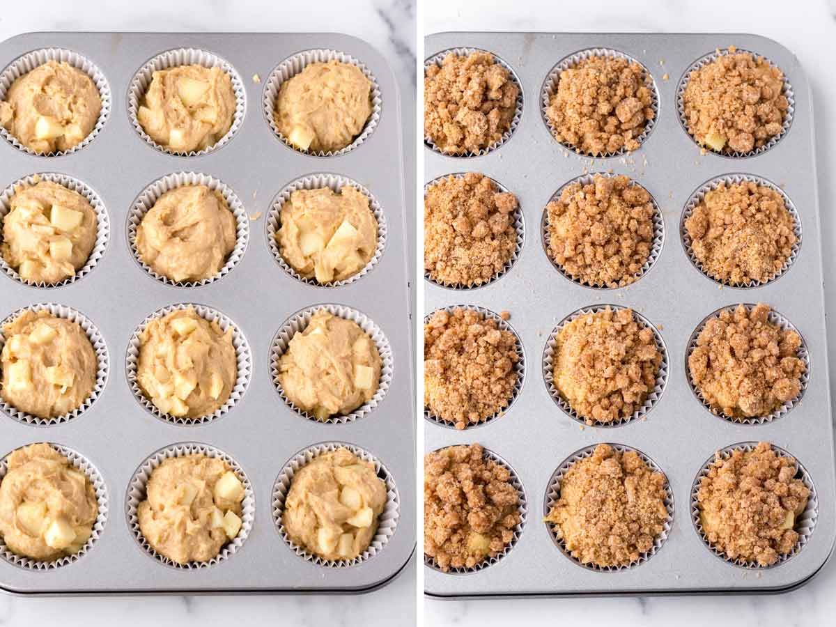 batter and crumb topping spooned into a muffin pan with liner