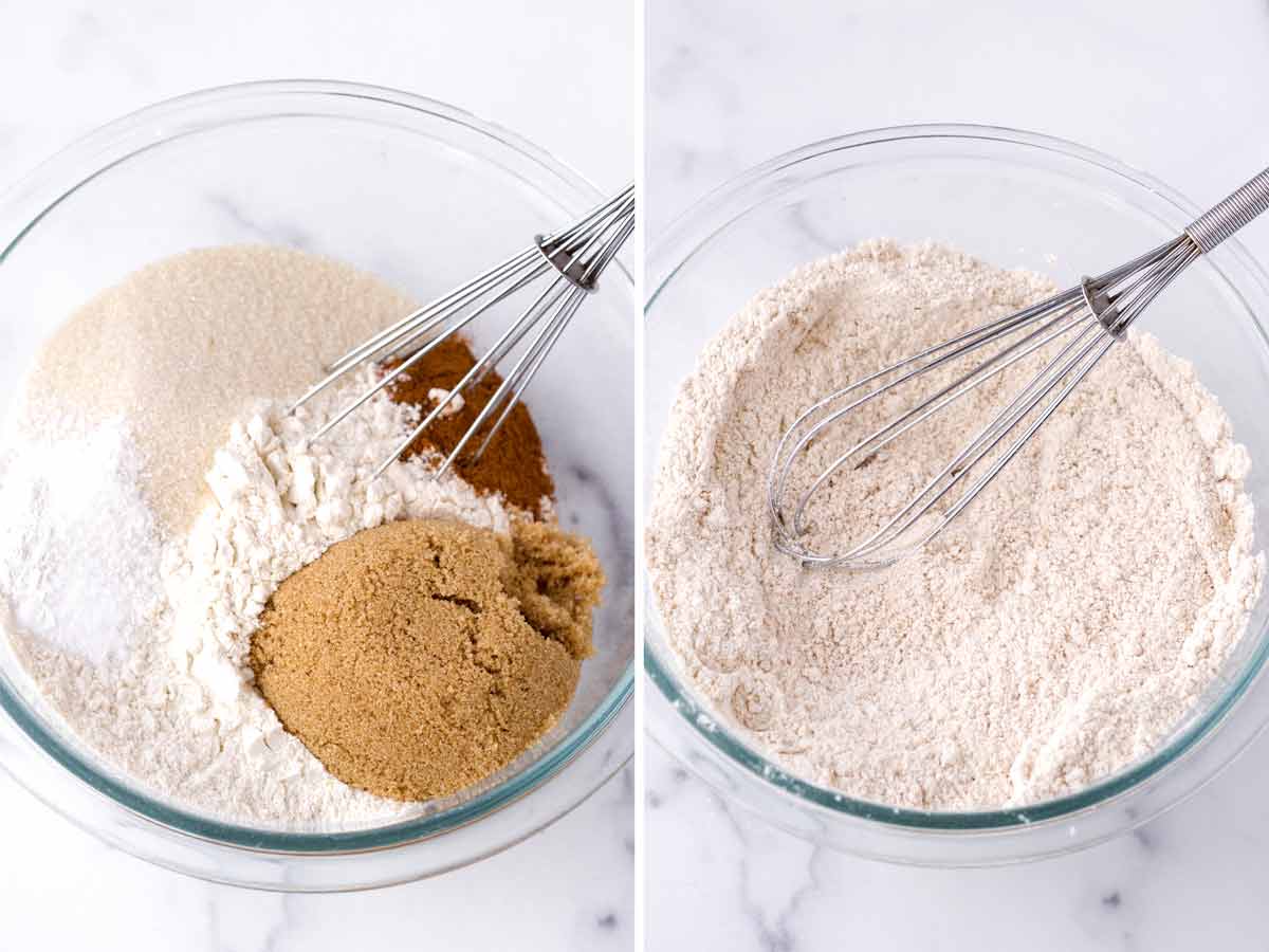 mixing dry ingredients in a bowl with a hand whisk
