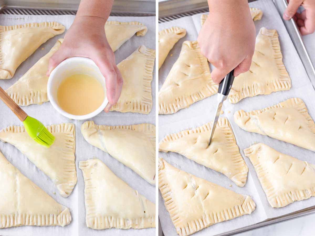 brushing and cutting slits on top of assembled turnovers