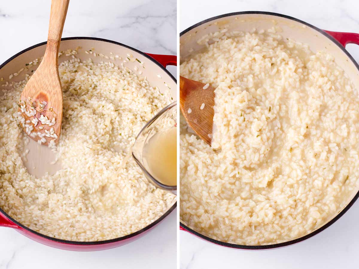 stirring risotto with the addition of broth