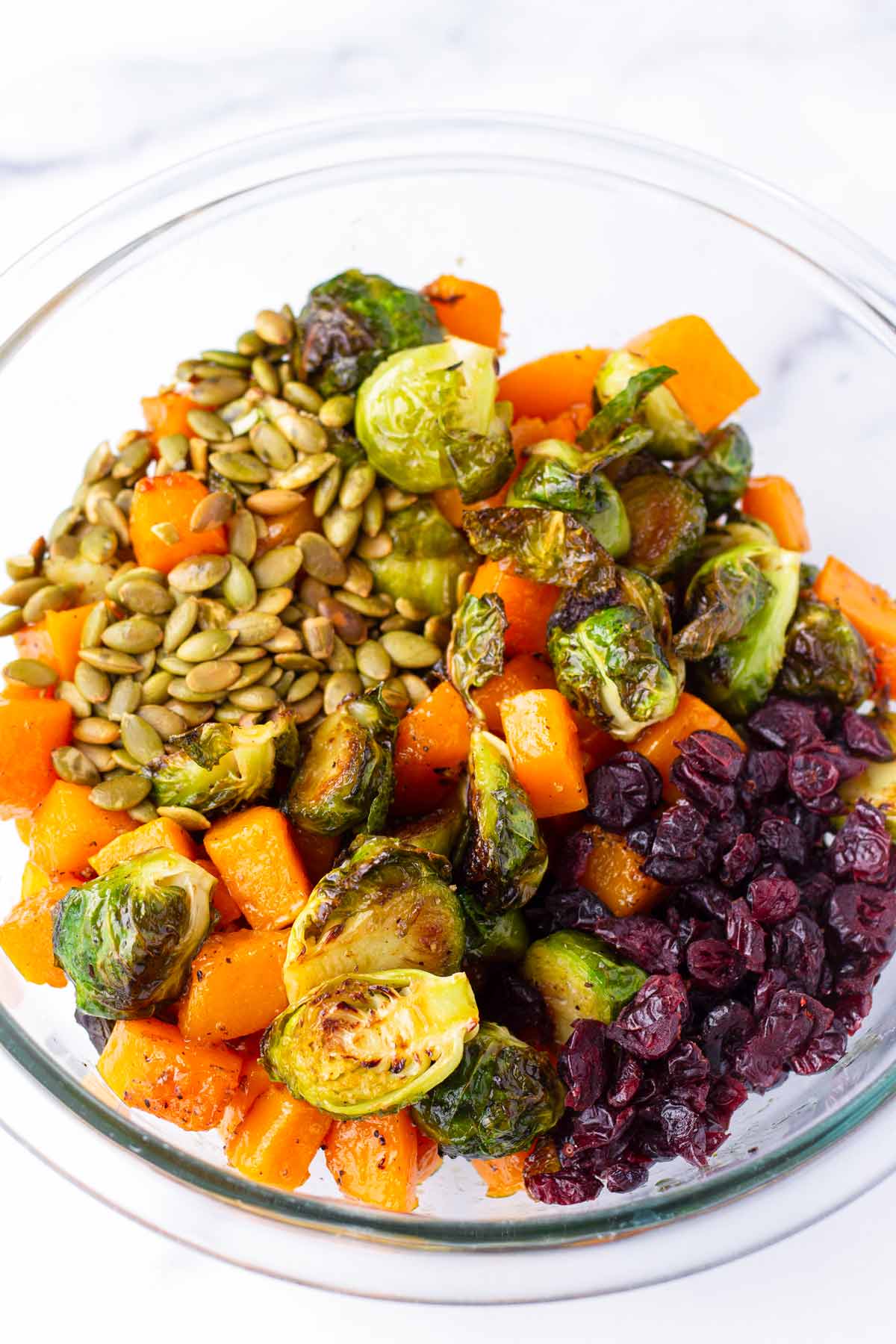 bowl with roasted squash, brussels sprouts, pumpkin seeds, and dried cranberries