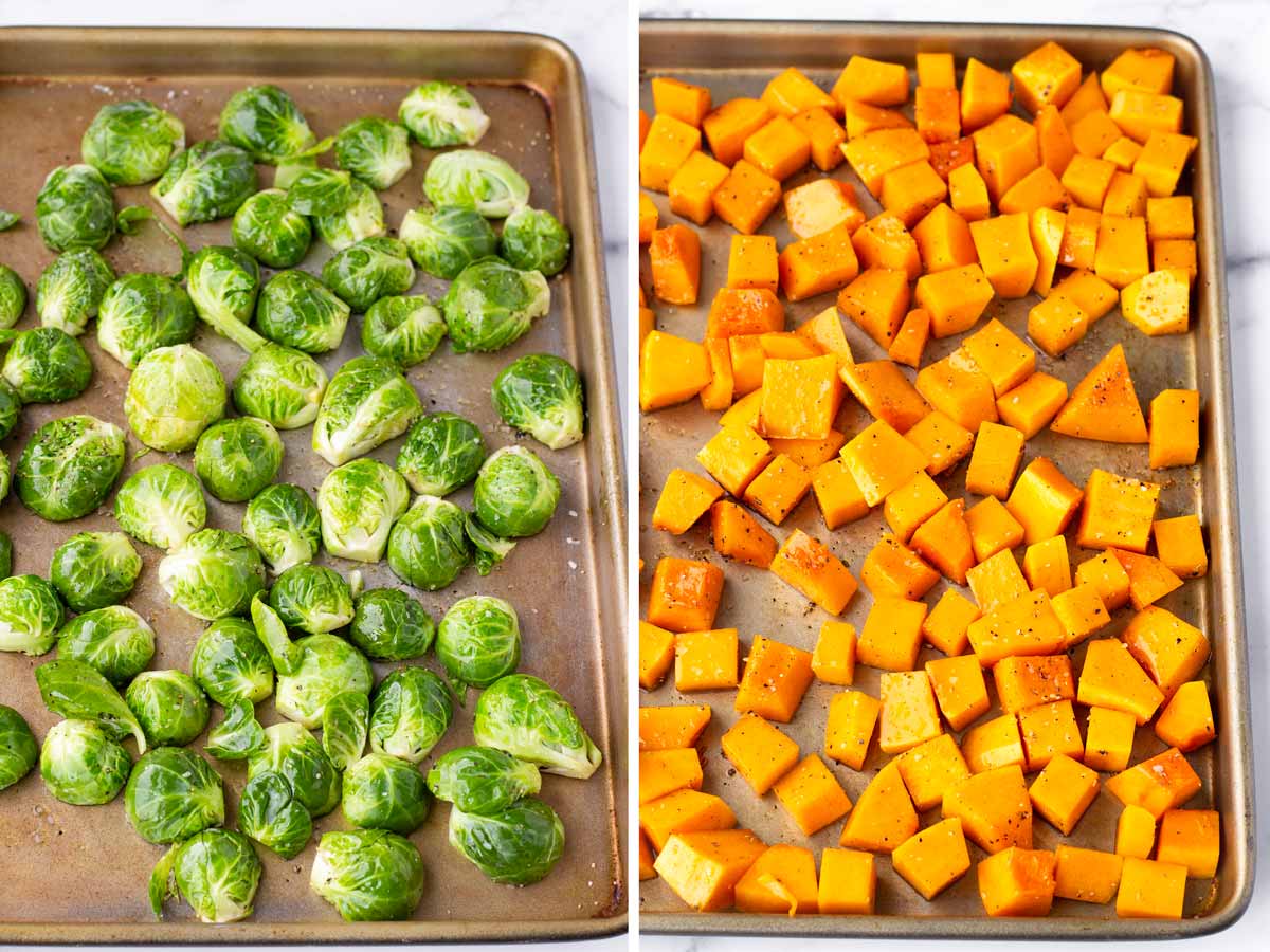 uncooked vegetables in sheet pans