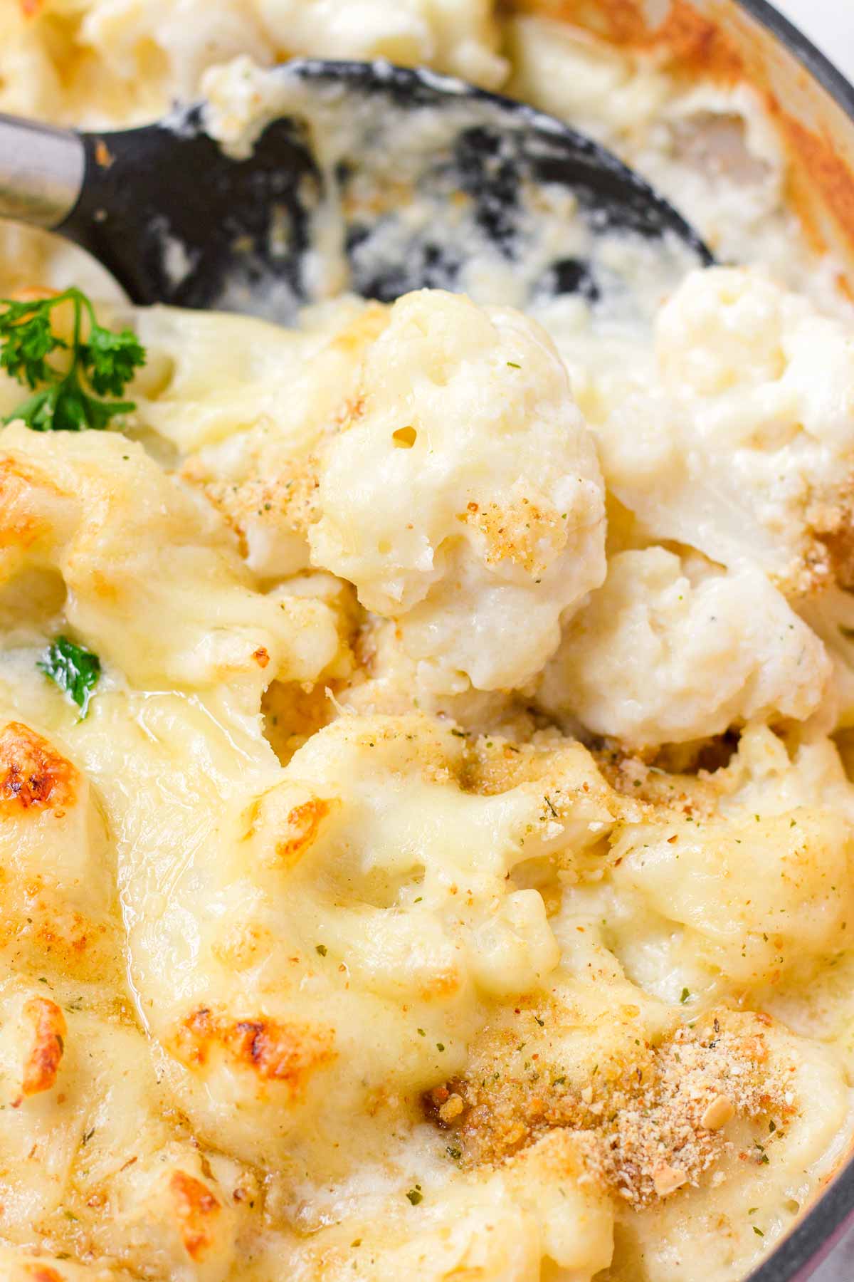 scooping baked cauliflower gratin with spoons
