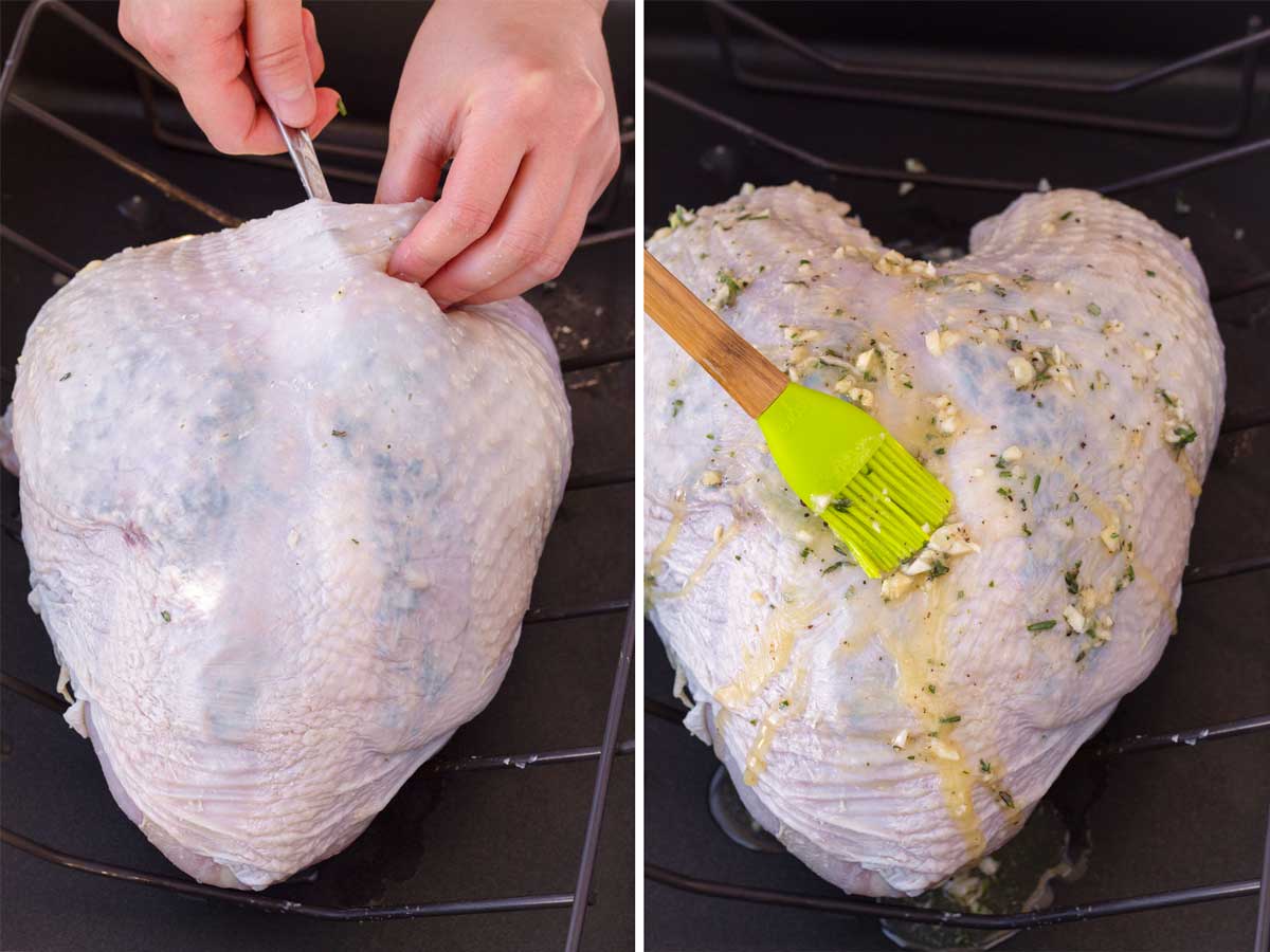 buttering an uncooked turkey breast under and over the skin