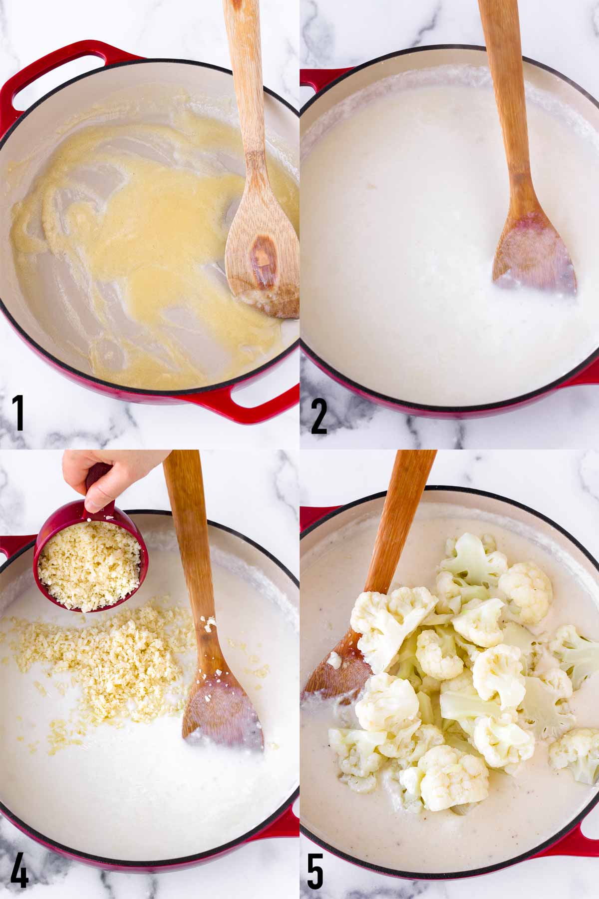making the cheese sauce and stirring cauliflower