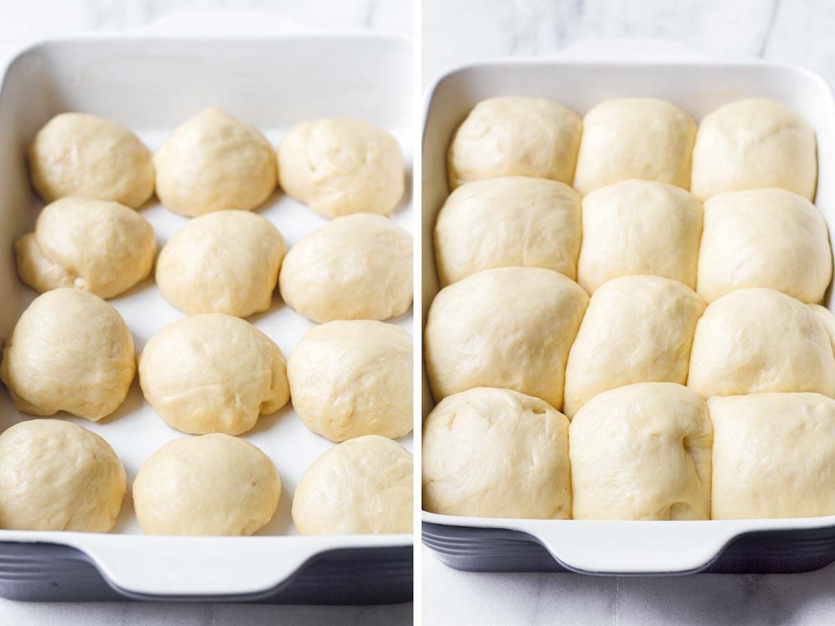 raw dough formed into balls on a baking pan