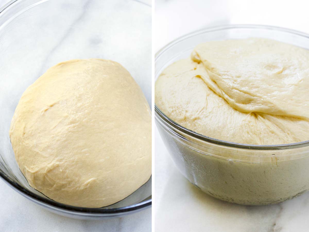 dough before and after rise in a bowl