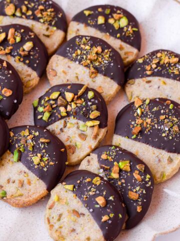 dark chocolate covered pistachio shortbread cookies