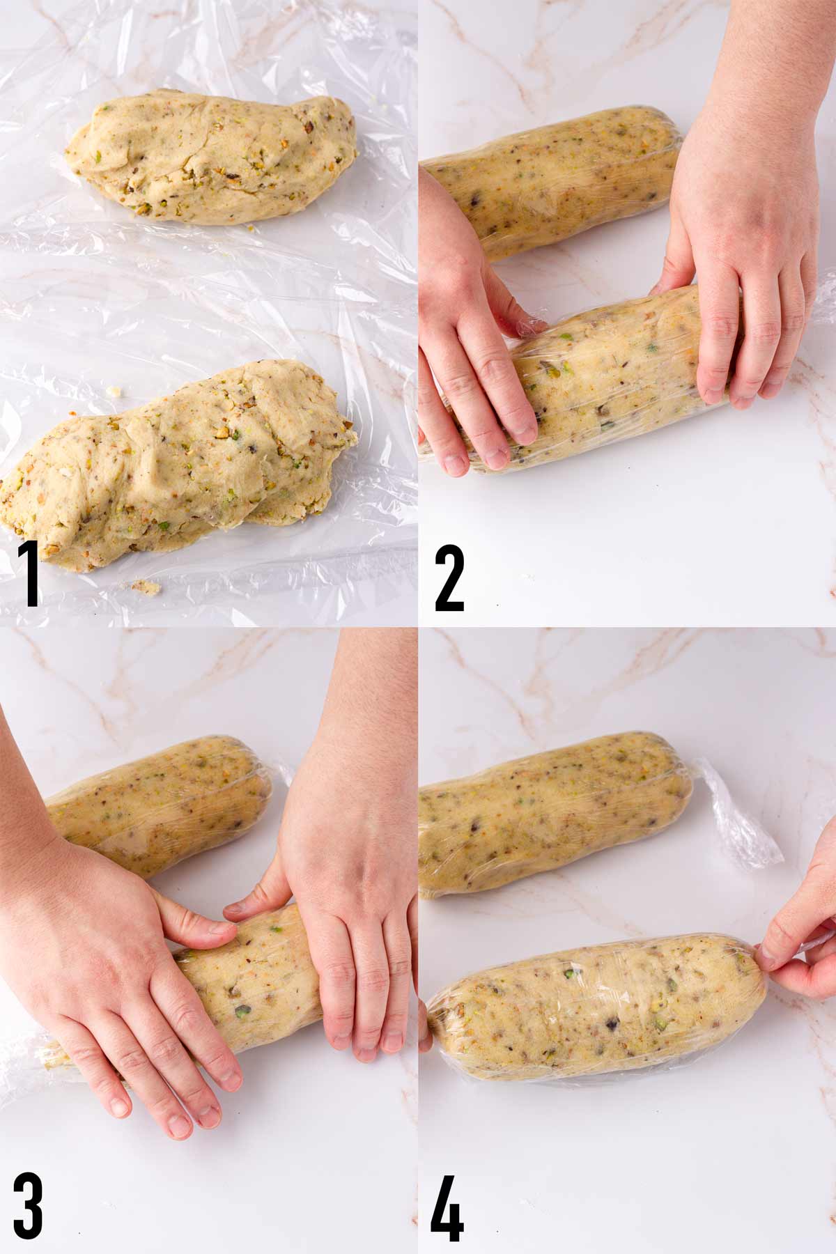 rolling a log with prepared pistachio shortbread cookies dough