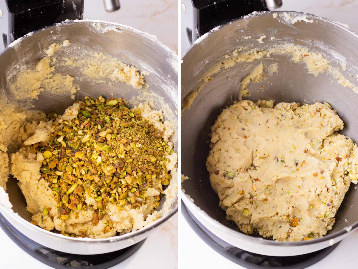 mixing pistachios into the dough using a mixer