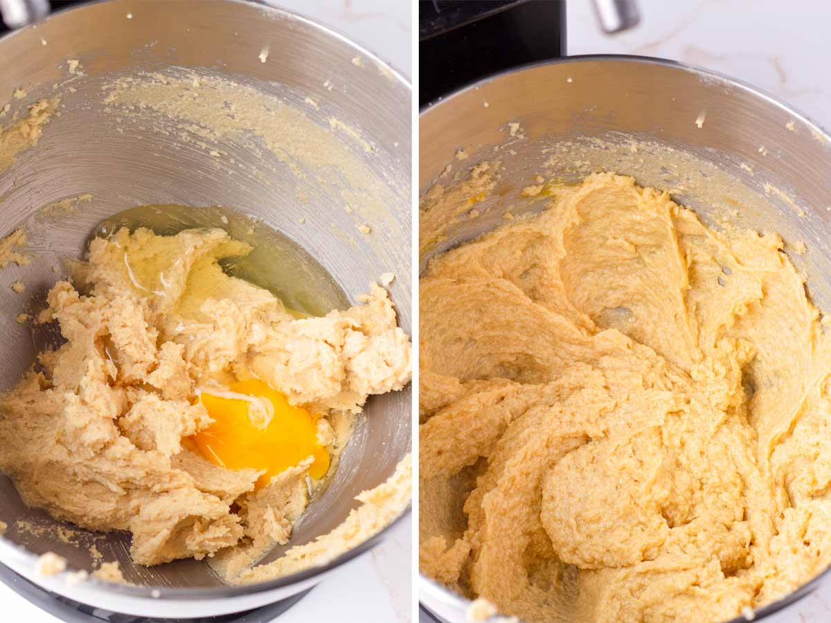 mixing in eggs and vanilla into the creamed butter
