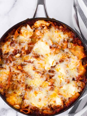 cheesy meat lasagna made in a one pan skillet