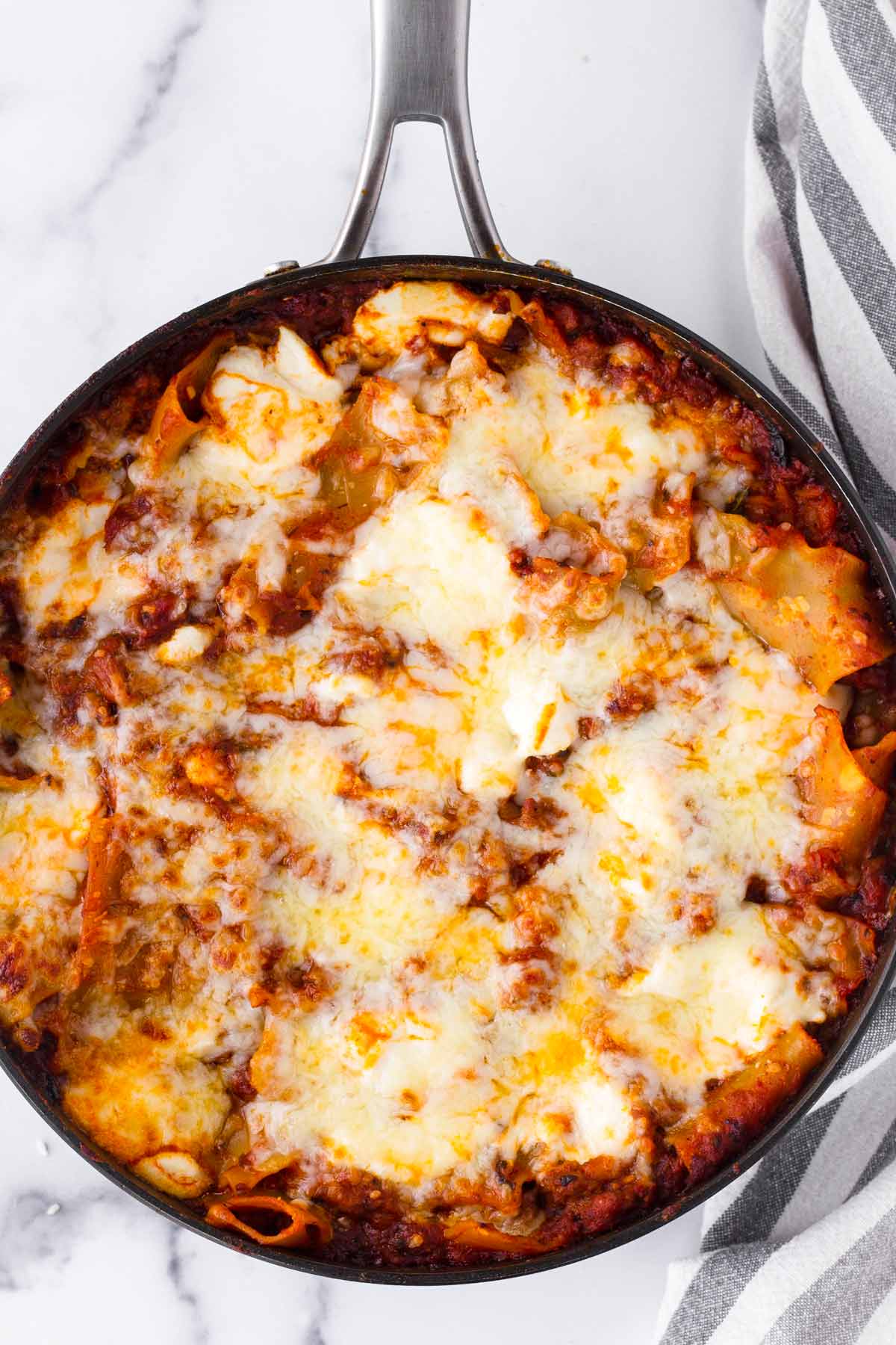 cheesy meat lasagna made in a one pan skillet
