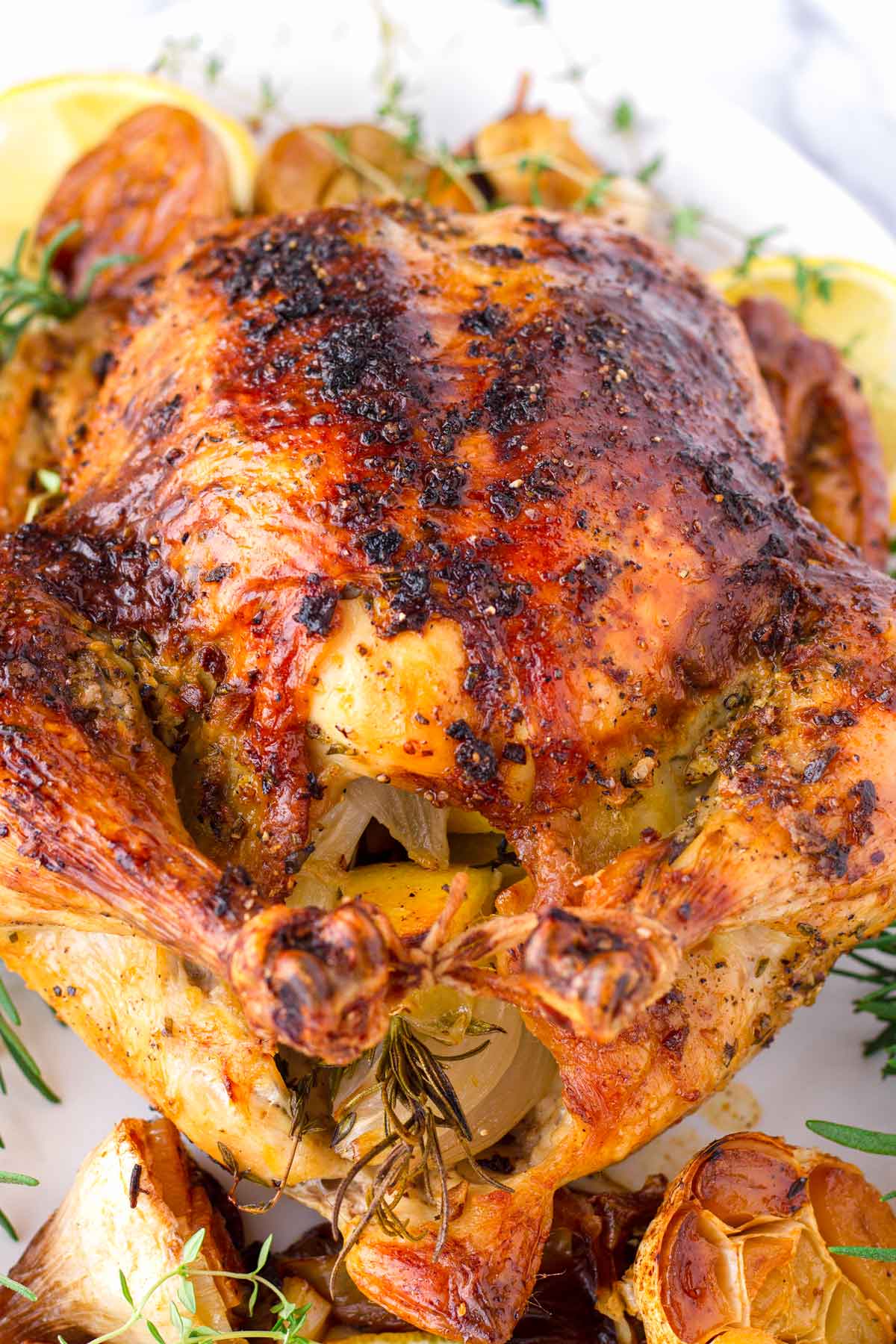 close-up of herb and lemon roasted chicken