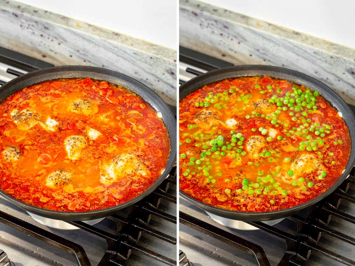 simmering the paella in skillet