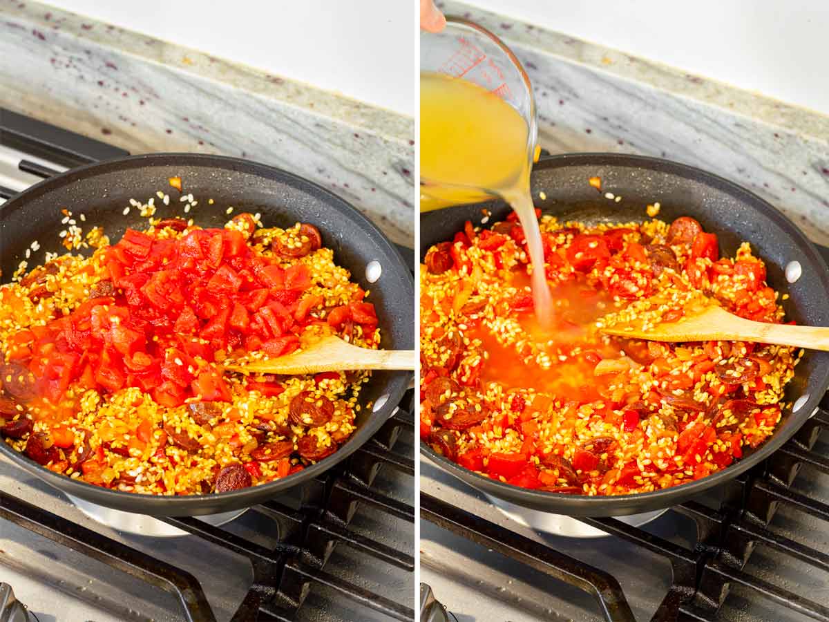 stirring rice, tomatoes, and broth