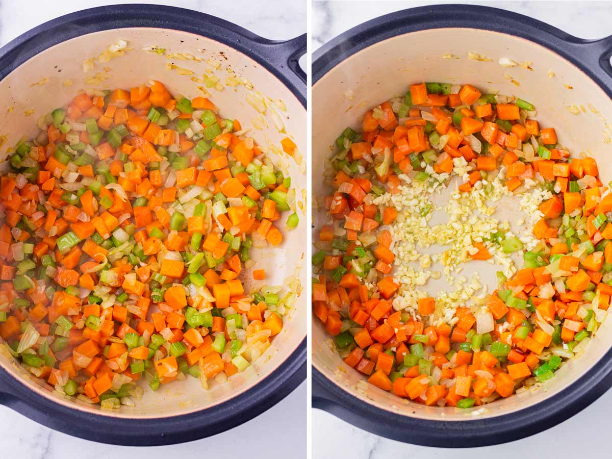 cooking diced vegetables and garlic in a dutch oven
