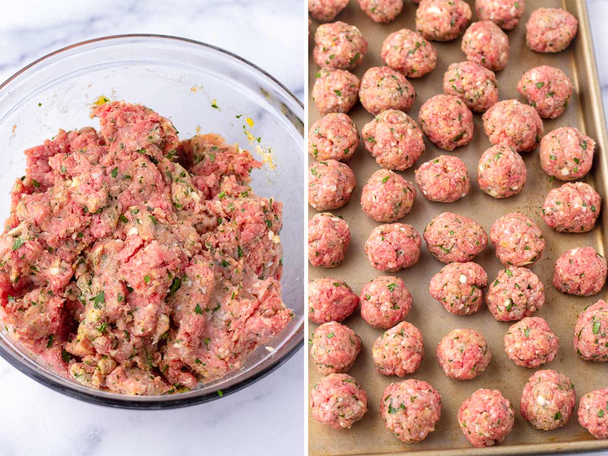 meatball mixture on the left and formed meatballs on the right