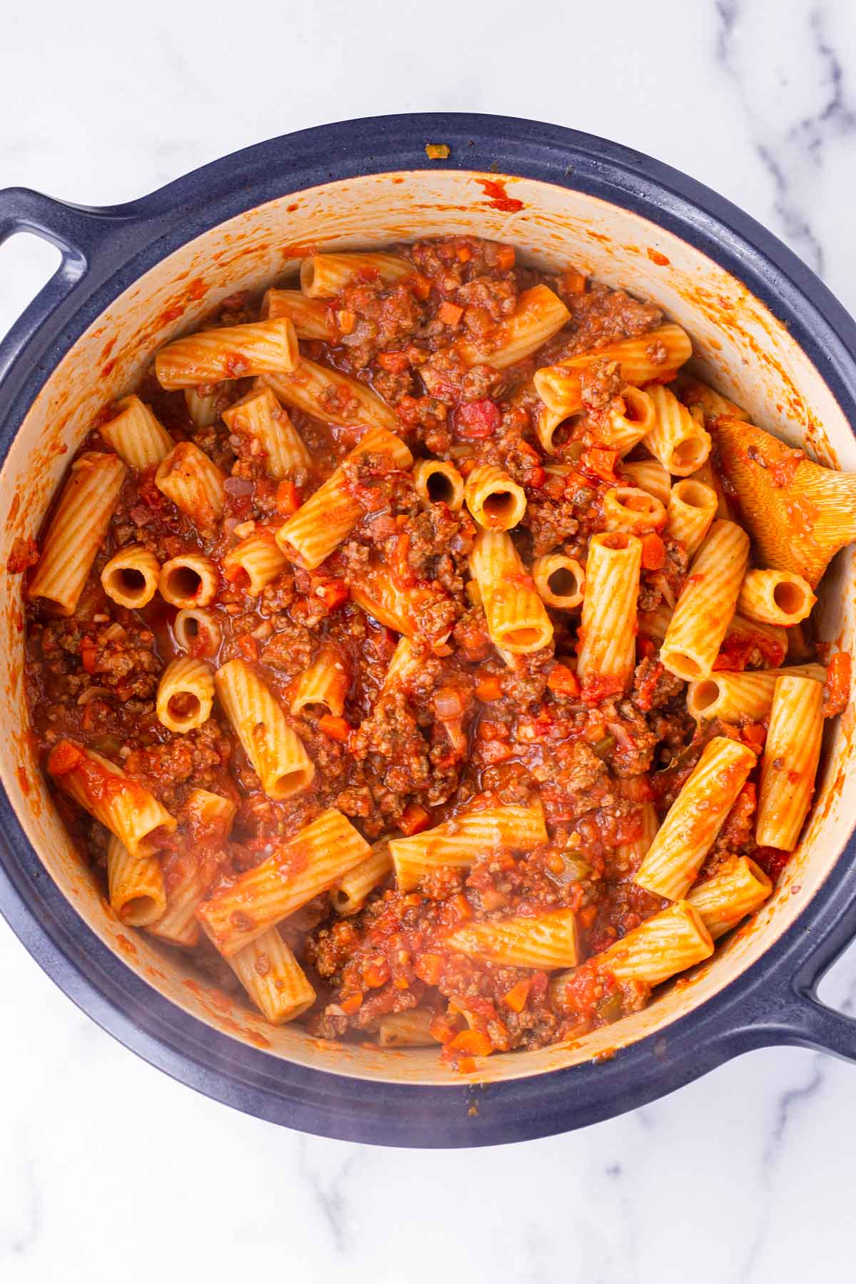 pasta stirred into the sauce