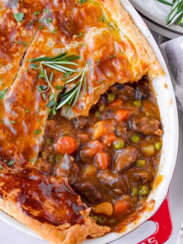 interior of beef pot pie in an oval baking pan