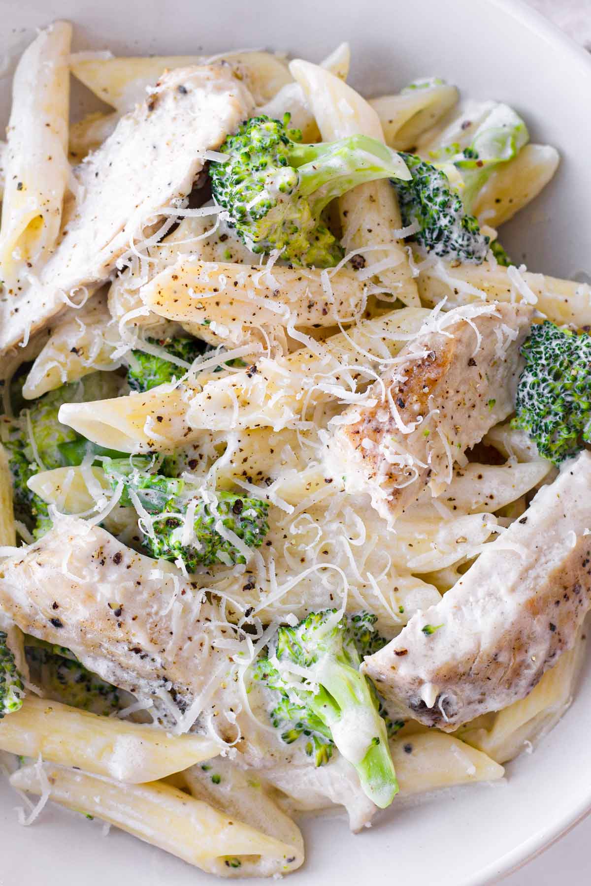 close up of pan seared chicken with penne alfredo and broccoli
