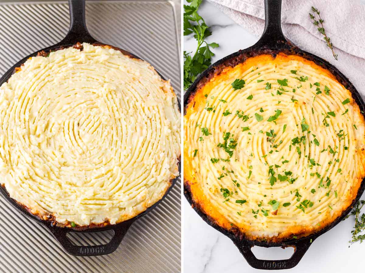 shepherds pie topped with mashed potatoes and baked