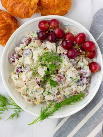 diced chicken with grapes, mayo, celery, walnuts, and fresh herbs
