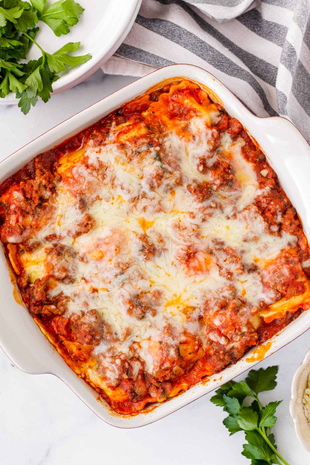 cheesy lazy lasagna in a square pan