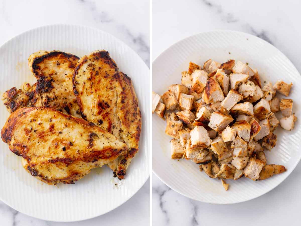 cooked chicken breasts on the left and diced cooked chicken on the right