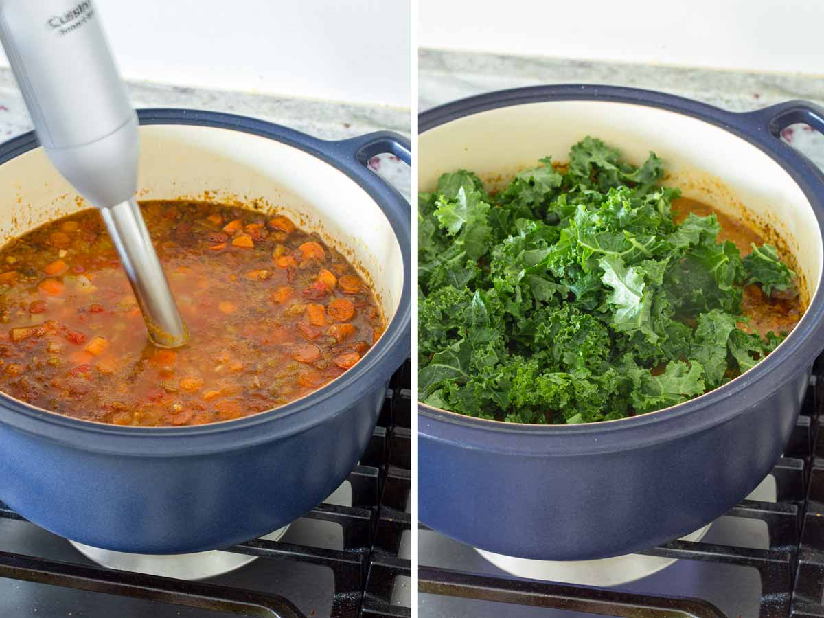 blending soup with immersion blender and adding kale